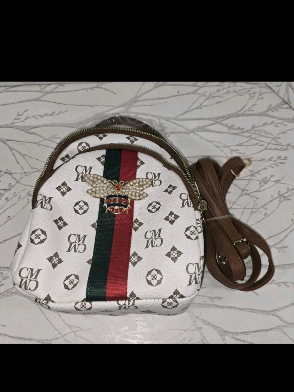 White Mini Crossbody Bag with Red & Green Stripe and Bee Accent